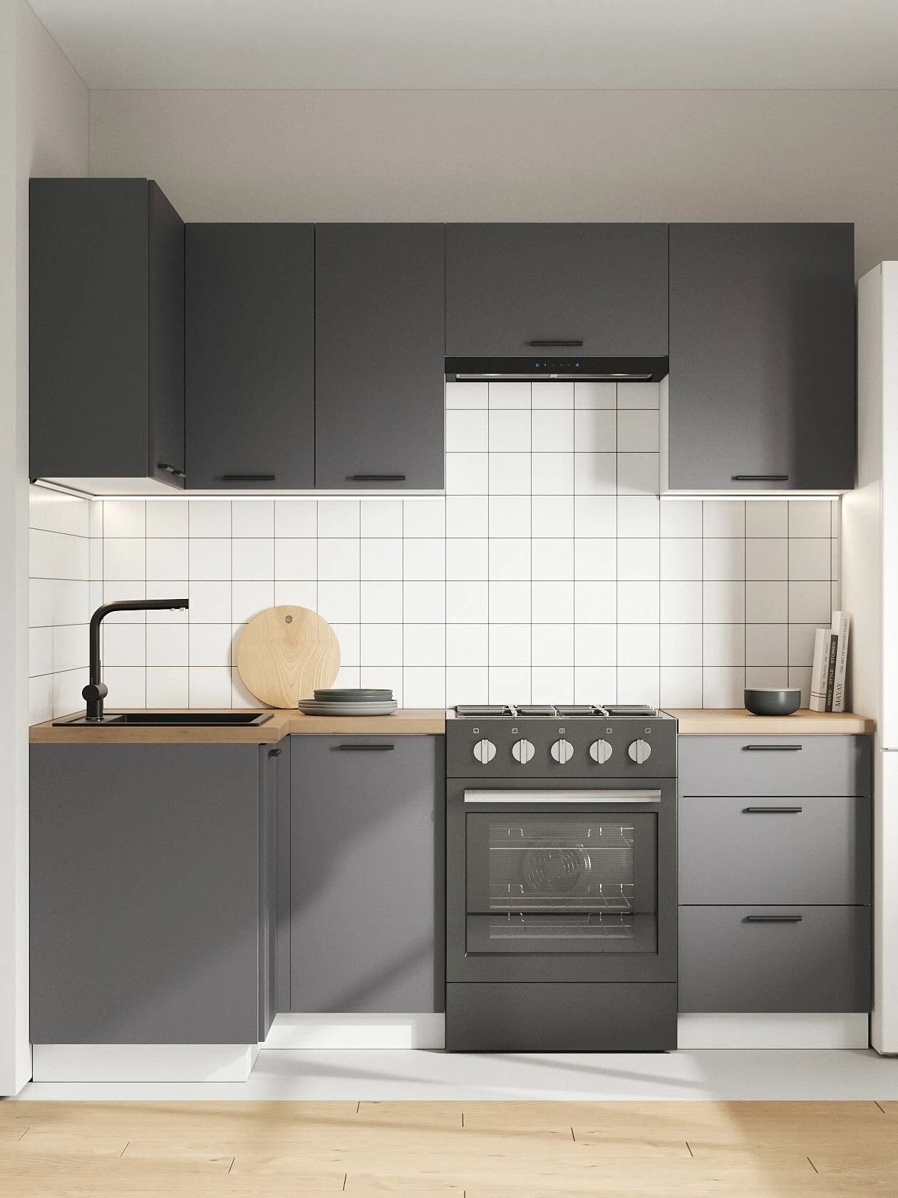 Кухонный гарнитур угловой Урбан 2.1х1 м, мебель для дома и кухни, Белый / Графит серый